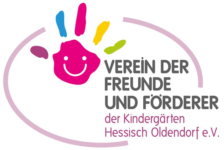 Logo des Fördervereins. Eine Hand mit bunten Fingern und dem Vereinsnamen: Verein der Freunde und Förderer der Kindergärten Hessisch Oldendorf e.V.